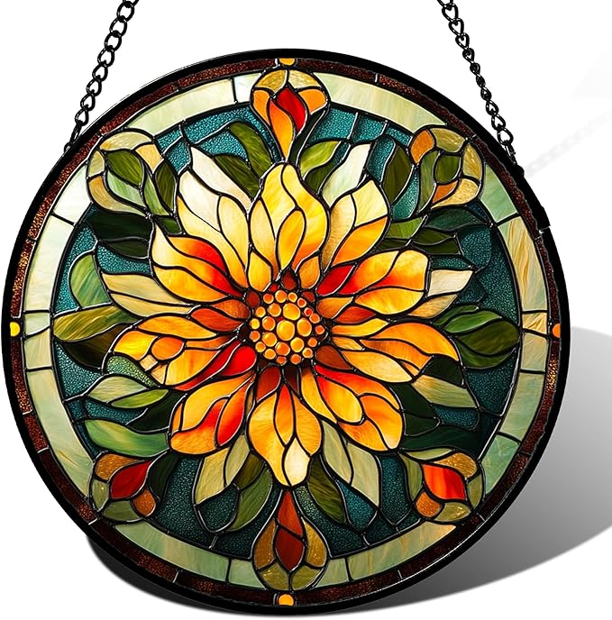 Stained Glass Window Hanging - Retro Yellow Flower Suncatcher for Door Garden Home Decor Dahlia Sun Catcher Christmas Birthday for Lovers Friend Women Mom Nana 9.8 in