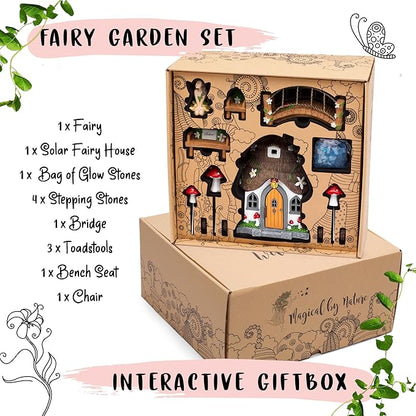 WILD PIXY Fairy Garden Kit - 13 Piece Glow in The Dark Accessories with 7.1" Outdoor Fairy House with Opening Door and Solar LED Light, Garden Door for Trees, Stones, Indoor/Outdoor Decor