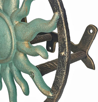 Decorative Sun Cast Iron Hose Holder – Verdigris & Bronze Finish, 11.5 In Heavy Duty Wall Mount Hose Reel, Outdoor Garden Storage Rack for Patio, Lawn, Yard, Weather Resistant, Hardware Included