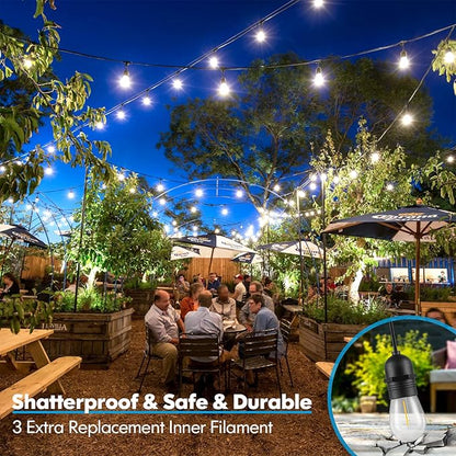 Lakumu 2-Pack 96FT Outdoor String Lights with Waterproof Shatterproof Dimmable 5000K Daylight White E12 Filament S14 LED Bulbs for Backyard Hanging Lights Linkable Patio Light for Deck Bistro Pergola