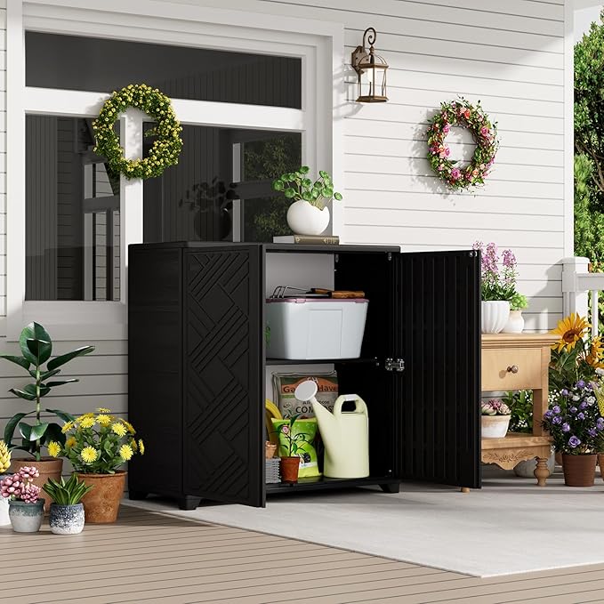 HOMSPARK Indoor/Outdoor Storage Cabinet with Doors and 1 Shelf, 34”x15”x34” HDPE Plastic Storage Box for Bedroom, Bathroom, Living Room, Balcony, Multi-Purpose for Daily Tools, Black