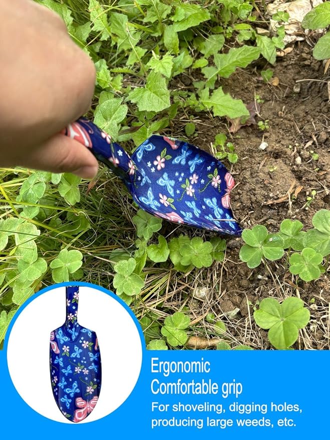 Pruning Shears, Large Soil Shovel, Dirt Rake, Gardening Daily Loosening and Pruning, Non-Slip and Durable, Gift for Men and Women (Gardening Tools Aluminum Set) (Dark Blue Flower 3 PCS Tool)