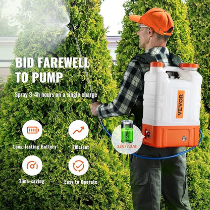 VEVOR 4 Gallon Battery Powered Backpack Sprayer with Wheeled Cart, Adjustable 0-94 PSI, 13FT Hose, 6 Nozzles, 2 Wands Included, Wide Mouth Lid for Weeding, Cleaning, Long Spray Time, White+Orange