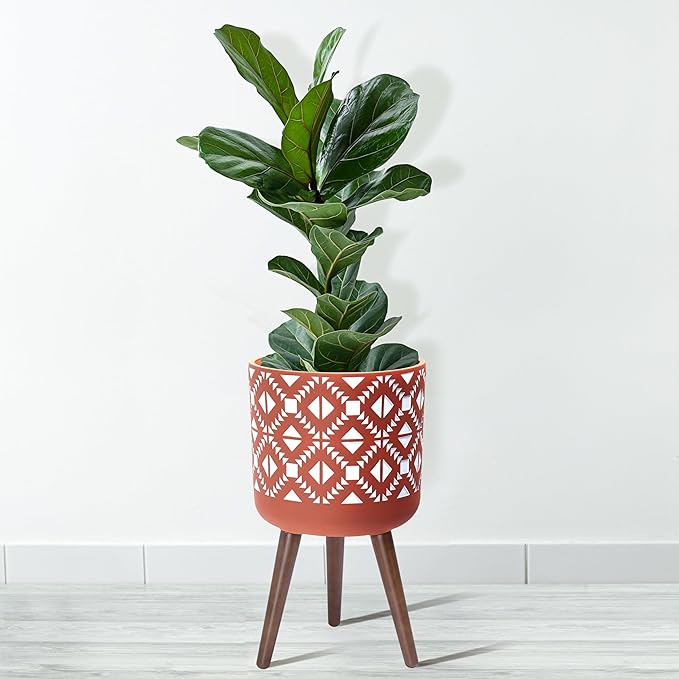 D'vine Dev 12 Inch Planter Pot with Stand, Mid-Century Tall Plant Pot with Legs for Indoor Plants, Pottery Red Terracotta/White, 88-G-C-5