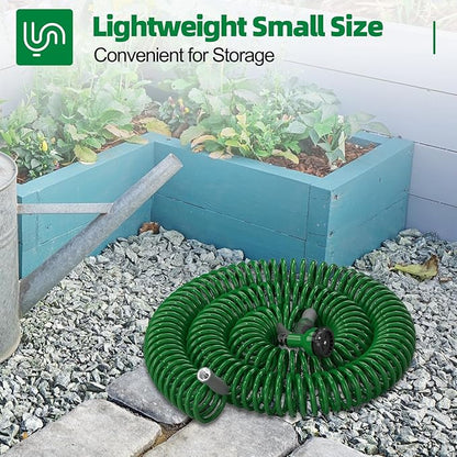 SPECILITE 3/8" Lightweight Coil Garden Hose 100FT, EVA Flexible Curly Water Pipes with 6-Pattern Spray Nozzle for Boat, Greenhouse, Yard, Patio, Green