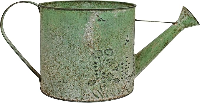 Vintage Metal Watering Can with Floral Embossed Design Garden Distressed Green Decorative Watering Pot Planter Rustic Farmhouse Waterer for Home Indoor Outdoor Garden Balcony Courtyard (Green)