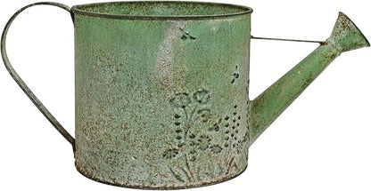 Vintage Metal Watering Can with Floral Embossed Design Garden Distressed Green Decorative Watering Pot Planter Rustic Farmhouse Waterer for Home Indoor Outdoor Garden Balcony Courtyard (Green)