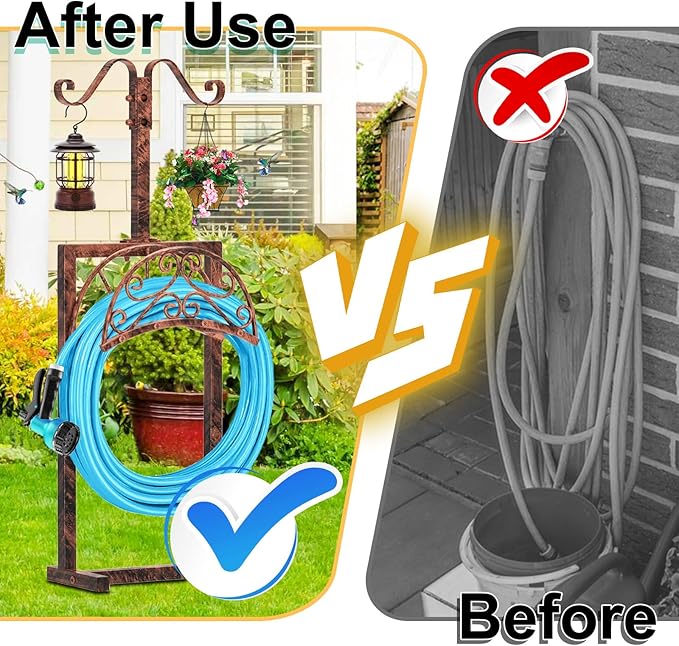 Garden Hose Holder Hanger Freestanding, Upgraded 4 Spikes Heavy Duty Storage Reel Stand with Shepherds Hooks, Holds 150ft Hose for Outside Garden Yard Lawn vegetable patch(Vintage Bronze)