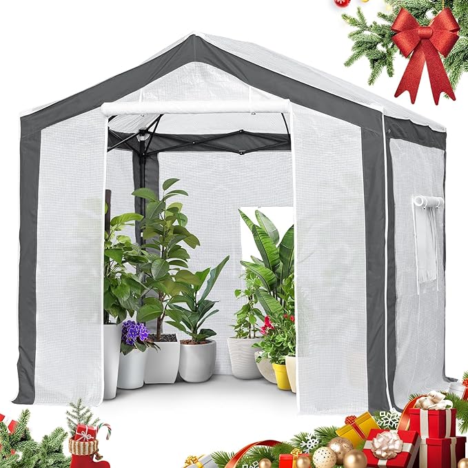 EAGLE PEAK 8x8 Portable Walk in Greenhouse with Polyester Reinforced Corners, Heavy Duty Instant Pop Up Indoor Outdoor Green House, Front Roll Up Zipper Entry Door and Mesh Windows, Gray/White