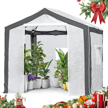 EAGLE PEAK 8x8 Portable Walk in Greenhouse with Polyester Reinforced Corners, Heavy Duty Instant Pop Up Indoor Outdoor Green House, Front Roll Up Zipper Entry Door and Mesh Windows, Gray/White