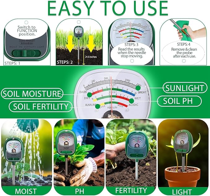 Soil Tester, Soil Moisture Meter/Soil pH Meter/Sun-Light/Fertility for Gardening, Large Dial Soil pH Tester Plant Water Meter for Indoor&Outdoor Garden,Farm Soil Test Kit-Green