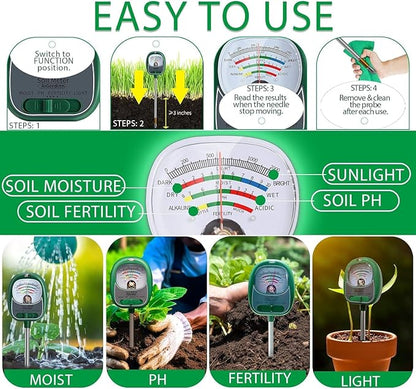 Soil Tester, Soil Moisture Meter/Soil pH Meter/Sun-Light/Fertility for Gardening, Large Dial Soil pH Tester Plant Water Meter for Indoor&Outdoor Garden,Farm Soil Test Kit-Green