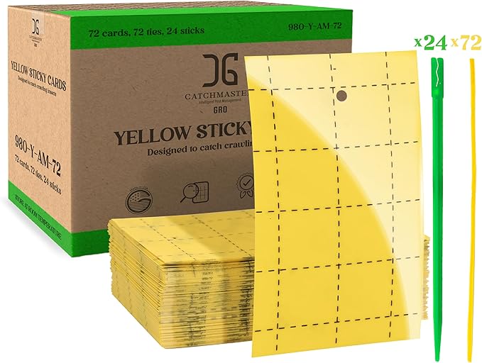 Catchmaster GRO Yellow Regular Double Sided Sticky Traps 72PK, Adhesive Bug & Fruit Fly Trap, Pest Control for Home, Farm, Garden, Hydroponics & Greenhouse, Protect Live Plants Indoor & Outdoor