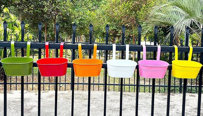 6 Pcs Railing Planter, 10" Metal Hanging Flower Pots for Outdoor Balcony Rails, Fence Pot Hanging Plant Holders with Detachable Hooks for Garden Patio Yard Decor (Multi-Color, 6Pcs)