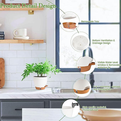 Self Watering Pots for Inoor Ourdoor Plants 10/9/8/7/6.5 Inch Plastic Planters with Drainage Holes & Water Level Indicator, Decorative House Flower Nursery Planting Pots with Saucers ((White)