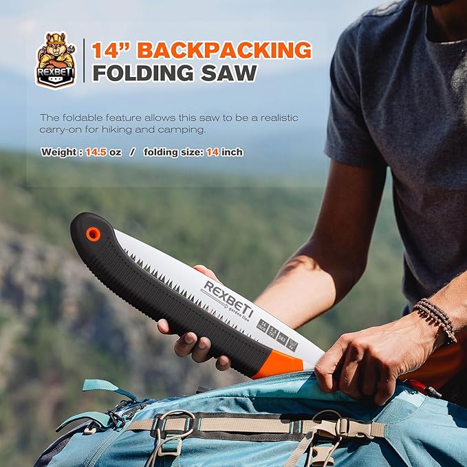 REXBETI Folding Saw, Extra Long 14 Inch Blade Backpacking Saws for Hiking Camping, Dry Wood Trimming Pruning Saw With 4 Cutting Angle Hard Teeth, Large Garden Saws with SK-5 Steel