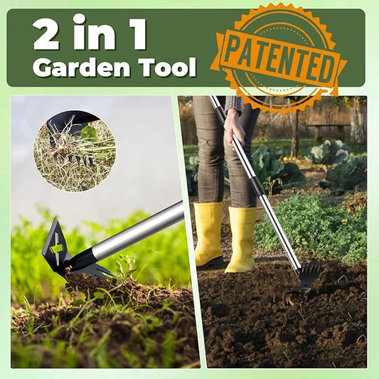 Weed Puller Tool with Long Handle - 60" Manual Weeder Remover Tool, 2 in 1 Hand Weed Rake and Garden Hoe for Gardening, Heavy Duty Uprooting Weeding Pull for Yard, Lawn, Patio and Garden