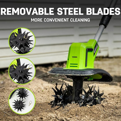 STEELITE 20V Battery Powered Tiller, 360 RPM Cordless Tiller, 400W Powerful Motor, 9-inch Tilling Width and 7-inch Depth Portable Rotary Tiller, 2×2Ah Battery & Charger Included