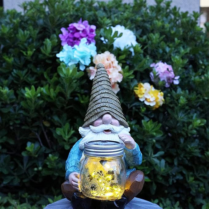 Solar Firefly Jar Gnome Waterproof - Christmas Large Garden Gnome Funny Solar Outdoor LED Lights Resin Statues 10.6" Lantern Figurines Xmas Decorations Birthday Housewarming Gifts for Mom Women
