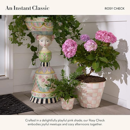 MACKENZIE-CHILDS Enamel Herb Pots, Small Plant Pots for Herbs or Flowers, Set of 3, Pink-and-White Rosy Check