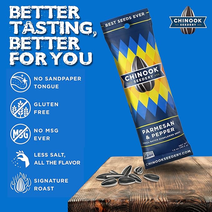 Chinook Seedery Low Sodium Sunflower Seeds – Parmesan & Pepper Flavor, Pack of 36, 1.5oz – Sunflower Seeds to Eat – Keto, Jumbo, Roasted, Baseball Snacks