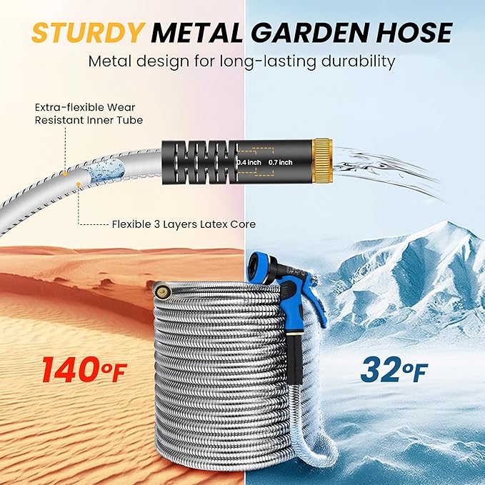 Lefree Garden Hose 100ft, Metal Garden Hose, Flexible Water Hose with 10-Function Nozzle, Stainless Steel Heavy Duty Hose, Crush Resistant, Leak Proof, No Kinks Garden Hoses for Yard, Outdoors, Rv
