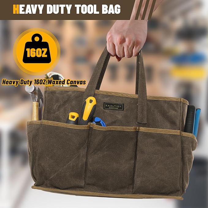 16OZ Waxed Canvas Tool Tote Bag for Garden Tools Wrench Set & Screwdrivers | 11-Pocket Garden Tool Bag with Portable Handles, Multi-Purpose Tool Storage Organizer (14"L x 5.5"W x 10.5"H) – Grey