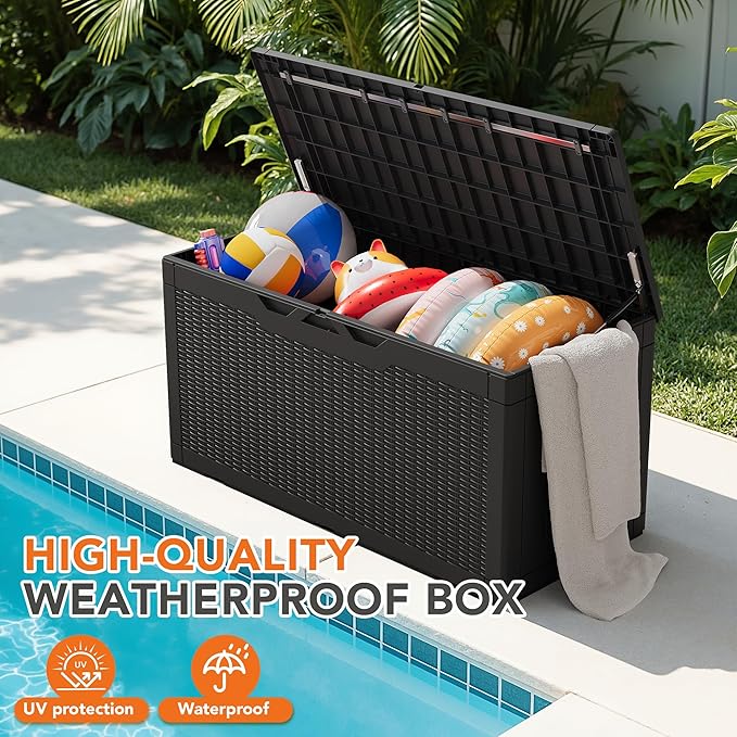 110 Gallon Deck Box Outdoor Indoor Waterproof Storage Box for Patio Furniture, Pool Accessories, Garden Tools, and Cushion Storage, Black