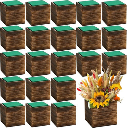 Dandat 24 Set Wood Cube Planter Box Square Wood Vase Rustic Cube Planter Box with Removable Plastic Liner Floral Foam Blocks for Centerpieces Home Wedding Garden Decor, Country Style (Brown)
