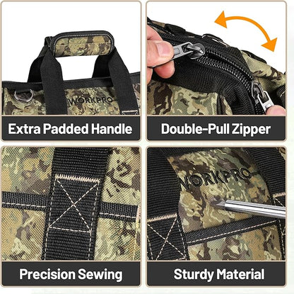 WORKPRO 16-Inch Wide Mouth Tool Bag, Tool Bags for Men with Adjustable Shoulder Strap, Waterproof Oxford Fabric and Sturdy Buttom