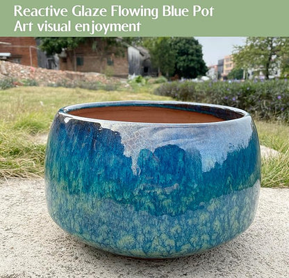 Reactive Glaze Peacock Color 11" Ceramic Plant Pot, Large Blue Green Planter Artisan Flower Pot with Drainage Hole, Breathable Planter for Indoor Outdoor Plants