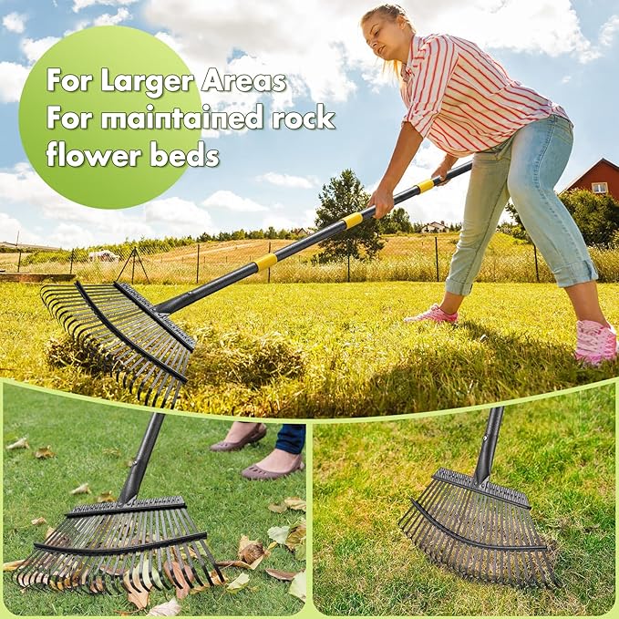 INFLATION Heavy Duty Garden Rake for Leaves for Lawns 65” Length 18” Width Adjustable 25 Tines Sturdy Metal Yard Gardening Leaf Rakes for Women Men with Smooth Comfortable Long Handle