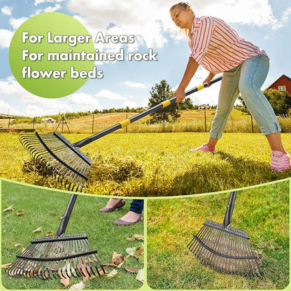 INFLATION Heavy Duty Garden Rake for Leaves for Lawns 65” Length 18” Width Adjustable 25 Tines Sturdy Metal Yard Gardening Leaf Rakes for Women Men with Smooth Comfortable Long Handle