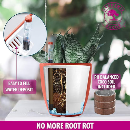 GARDENIX DECOR Self Watering Pots for Indoor Plants 3 Pack - Flower Pot with Water Level Indicator for Plants, Grow Tracking Tool - Self Watering Planter Plant Pot - Coco Coir - Terracota