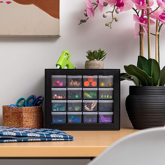 IRIS USA Small Plastic Drawer Organizer, 16-Drawer, Stackable Teacher Toolbox Crayon Small Parts Bead Building Bricks Screw Garage Desk Storage Cabinet, Drink and Water Flavor Packet Organizer, Black