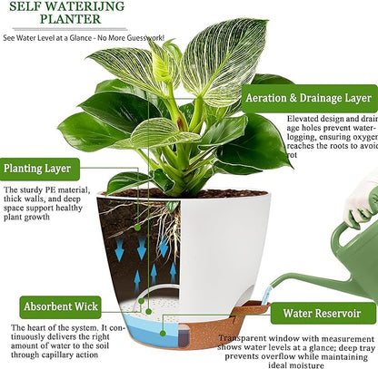 Self Watering Pots for Inoor Ourdoor Plants 10/9/8/7/6.5 Inch Plastic Planters with Drainage Holes & Water Level Indicator, Decorative House Flower Nursery Planting Pots with Saucers ((White)