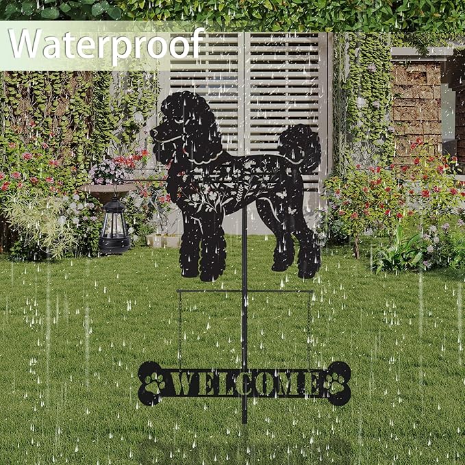 Poodle Metal Garden Stakes Yard Decor with a Lantern, Black Poodle Dog Silhouette Statues Garden Decorative Gifts for Yard Art, Patio, Outside, Lawn Ornaments, Christmas, Backyard, Pathway