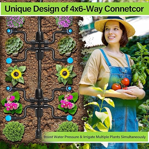 Bonviee 50FT 5/16" Drip Irrigation Tubing and 4 Packs 4-Way Quick Coupler, Push-to-Connect Fittings- DIY Garden Irrigation System, Misting, or Blank Distribution Tubing for Any Gardening Project