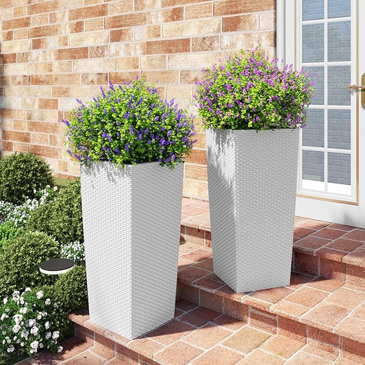 23in Tall Planter Set of 2, Large Self Watering Pots for Indoor/Outdoor Plants with Drain Holes, Water Level Monitor, Inner Bucket for Front Porch Patio, White Rattan