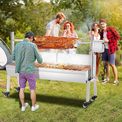 Jocisland Electric Rotisserie Grill Kit with Windscreen, 46" Height-Adjustable Charcoal Roaster, 132 Lbs Capacity, 45W Motor, Stainless Steel Spit with Lockable Wheels for Outdoor Camping