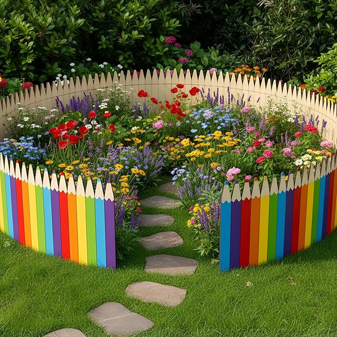 Colored Pencils Wood Garden Edging Fence 15.7" H x 47.2" L Decorative Landscape Edging Border Outdoor Wood Fence for School Yard Tree Flower Bed Borders