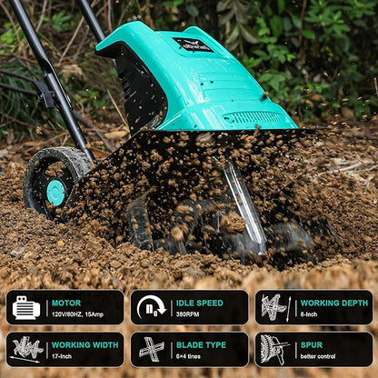 Tiller Cultivator 17 inch 15 Amp 6 Steel Tines Tillers for Gardening Electric Rototiller for Garden Yard