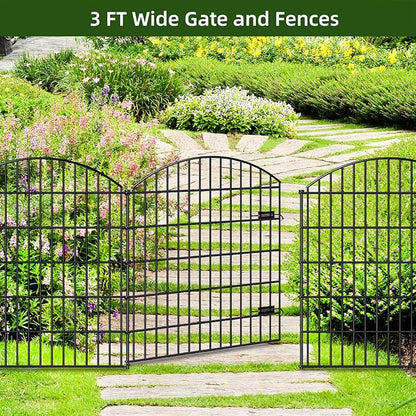 Metal Garden Gate and Fences Outdoor ECG1191, 1 Gate + 4 Fence Panels,43.2in Tall and Total Length 14.75ft, Heavy Duty Fencing for The Yard Privacy Temporary Animal Barrier for Dog, Black