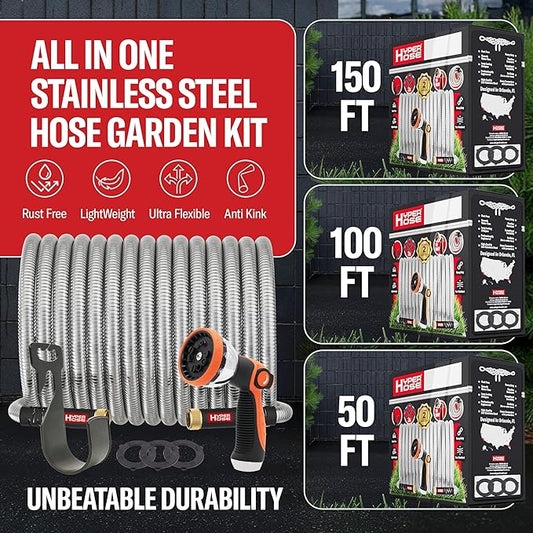 Best 50 ft Metal Garden Hose Set - No-Kink Durable 316 Stainless Steel, 10-Way Zync Spray Nozzle & Hook – Tough Flexible Heavy Duty Water Hoses, Naval Brass, Rust, Weather, LeakProof