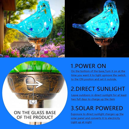 Decorative Solar Lights, Outdoor Solar Bird Stake Lights, Hand Blown Glass Decorative Garden Pathway Lights Outdoor Waterproof Glass Stakes (Light Blue)
