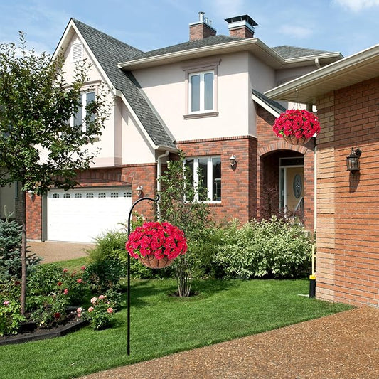 Artificial Hanging Flower Plants with Basket for Outdoor Decoration, Faux Petunias Flowers Fake Morning Glory Planter for Outside Patio Garden Porch Balcony Yard Decor(Rose Red)