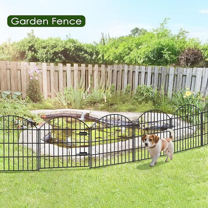 Metal Garden Fence with Gate 28in (H) x 37.3ft (L), 1 Gate + 15 Panels Dog Fences Border Fence Animal Barrier, No Dig Garden Fencing for Yard Backyard Landscape, ECG2816G Black