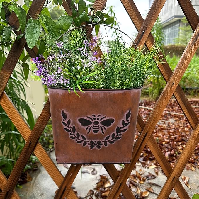 CVHOMEDECO. Farmhouse Wall Mount Metal Flower Pots Rustic Galvanized Bee Flower Holder Wall Hanging Pocket Planter for Indoor, Outdoor and Wall Decor, Set of 2 (Rusty)