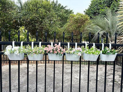 10" Hanging Flower Pots, Pack of 6 White Metal Outdoor Patio Balcony Planter, Railing Planters Fence Pot with Detachable Hook & Drainage Hole for Small Plants (White, 6Pcs)