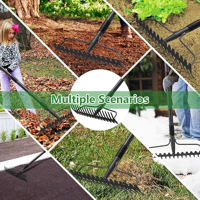49 inch Bow Rake,2-in-1 17 Tooth Rake for Leaves Portable and Adjustable for Gardening Leaves Loosening Soil Leveling Lawn Farming Land Management Yard